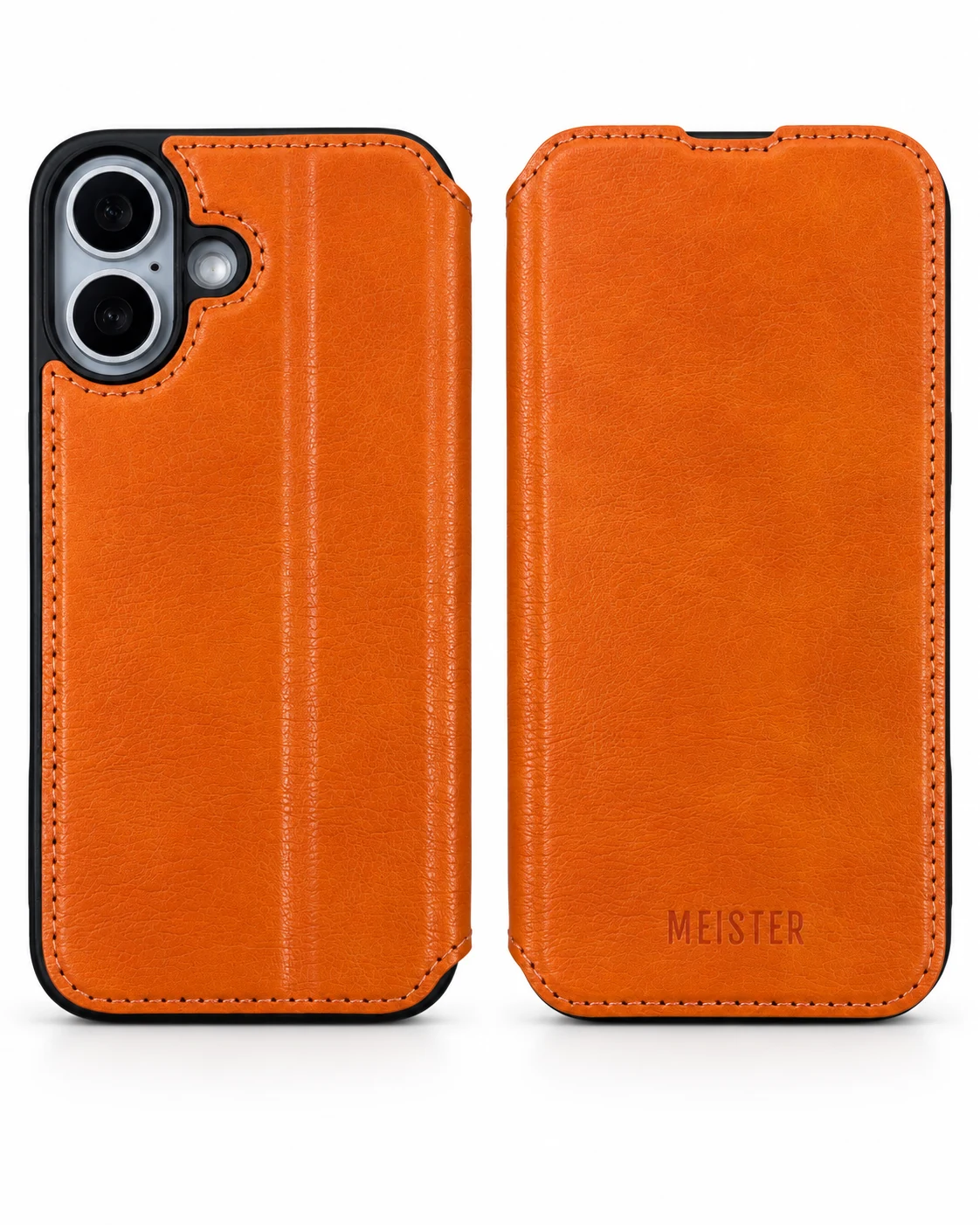 MEISTER Book Case für iPhone 17 in Orange – Außenansicht mit MEISTER-Prägung